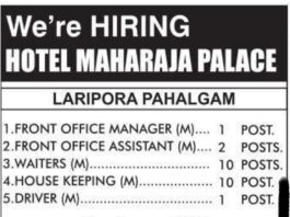 Job Openings at Hotel Maharaja Palace, Pahalgam