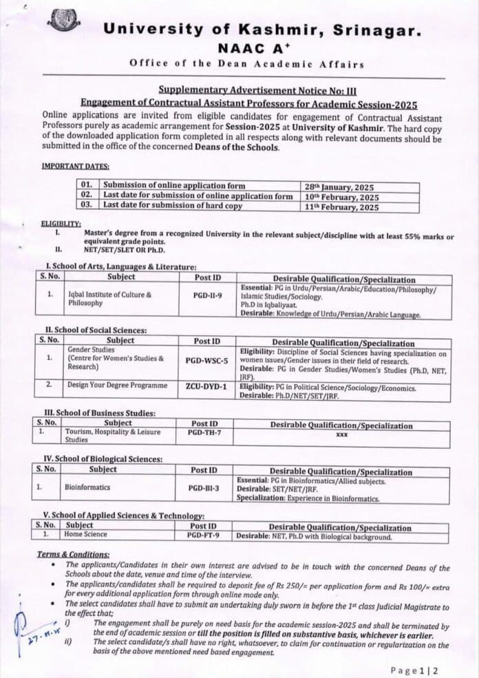 Engagement of Contractual Assistant Professors for Academic Session-2025