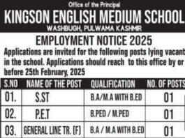 KINGSON ENGLISH MEDIUM SCHOOL JOB ADVERTISEMENT 2025