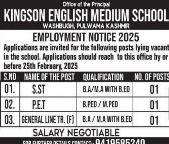 KINGSON ENGLISH MEDIUM SCHOOL JOB ADVERTISEMENT 2025