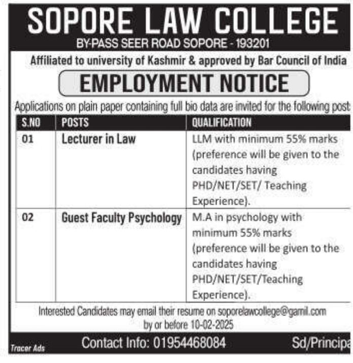 SOPORE LAW COLLEGE JOB ADVERTISEMENT 2025