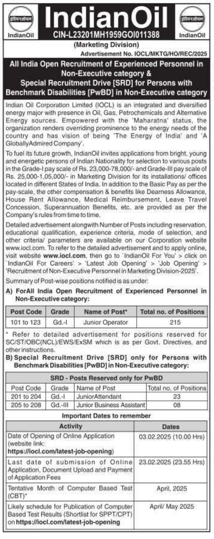 Indian Oil Corporation Limited (IOCL) JOB ADVERTISEMENT 2025