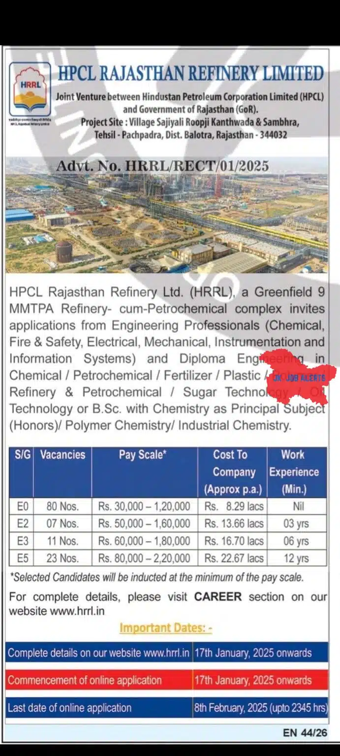 HPCL Rajasthan Refinery Limited (HRRL) Job Advertisement 2025