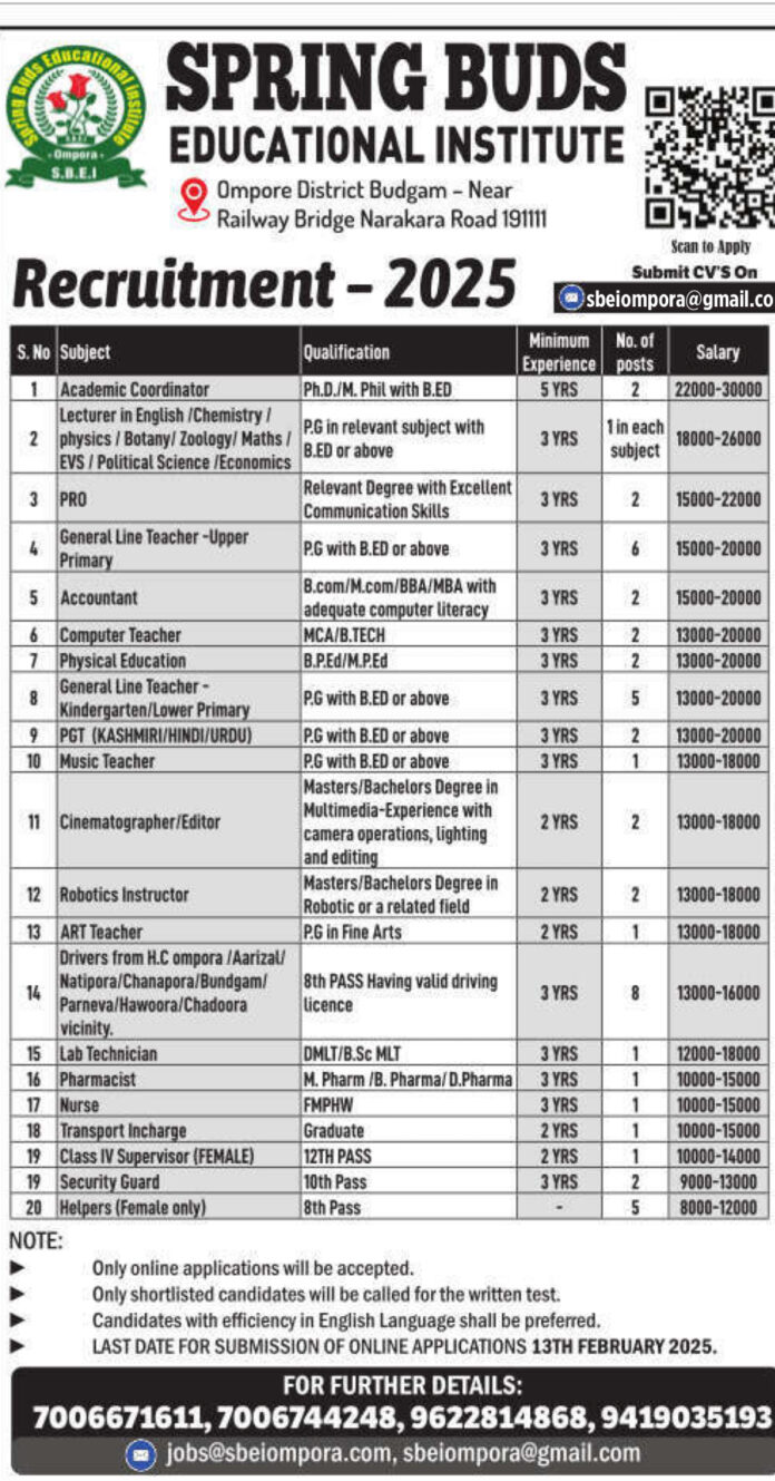 Spring Buds Educational Institute (SBEI) Job Advertisement 2025