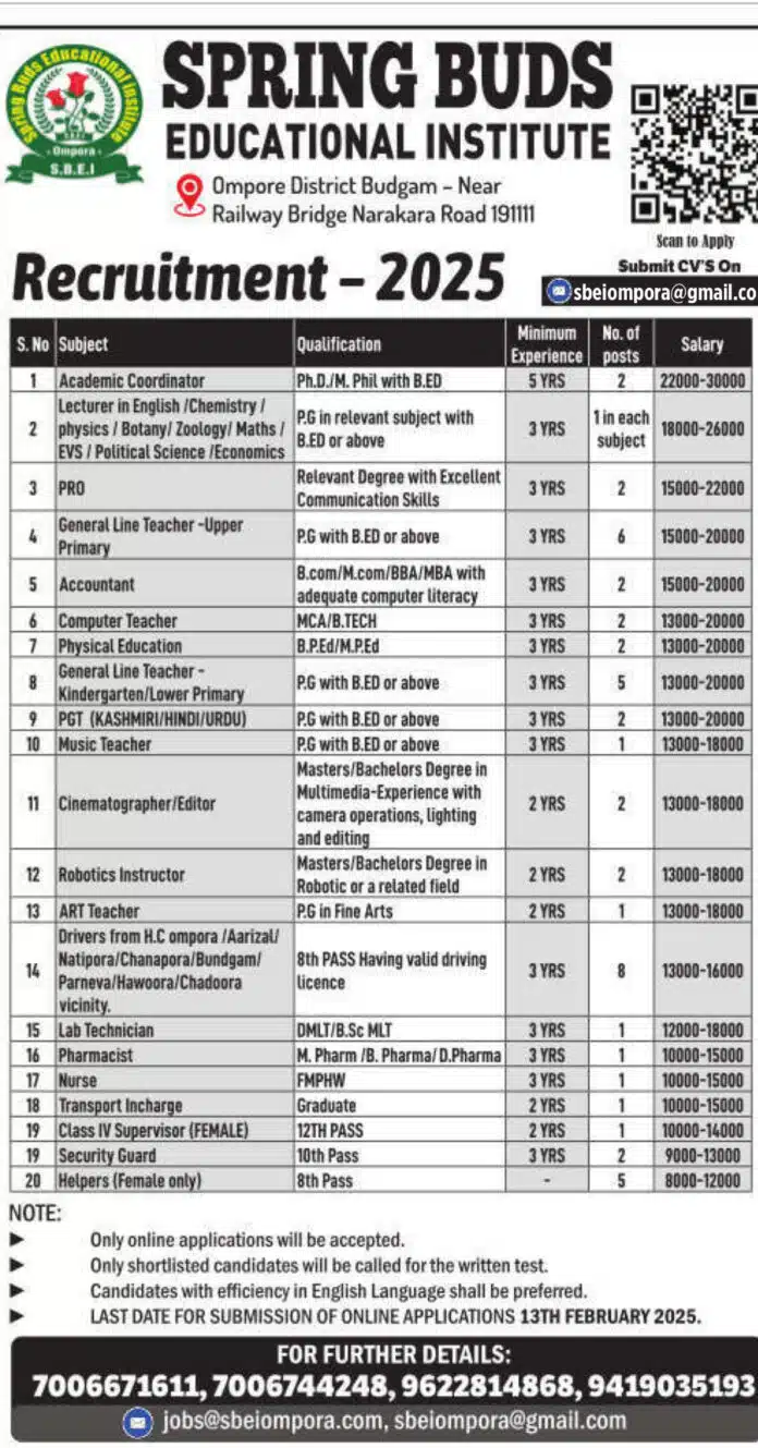 Spring Buds Educational Institute (SBEI) Job Advertisement 2025