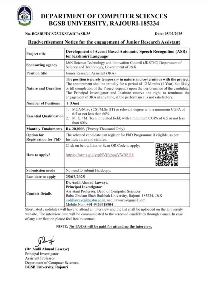 Junior Research Assistant Recruitment at BGSB University, Rajouri 2025