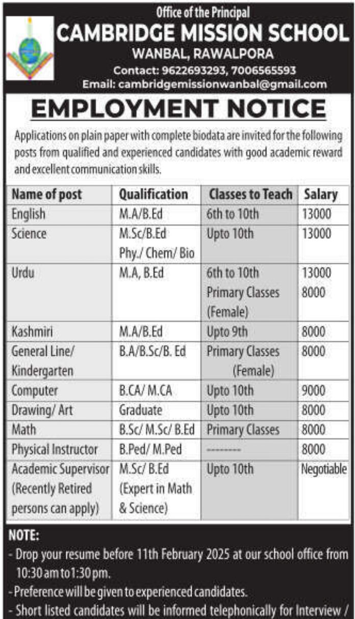 CAMBRIDGE MISSION SCHOOL RAWALPORA JOB ADVERTISEMENT