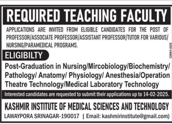 Job Opening: Teaching Faculty Positions at Kashmir Institute of Medical Sciences and Technology