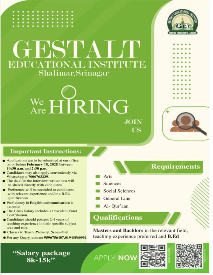 Job Opening: Teaching Positions at Gestalt Educational Institute, Srinagar