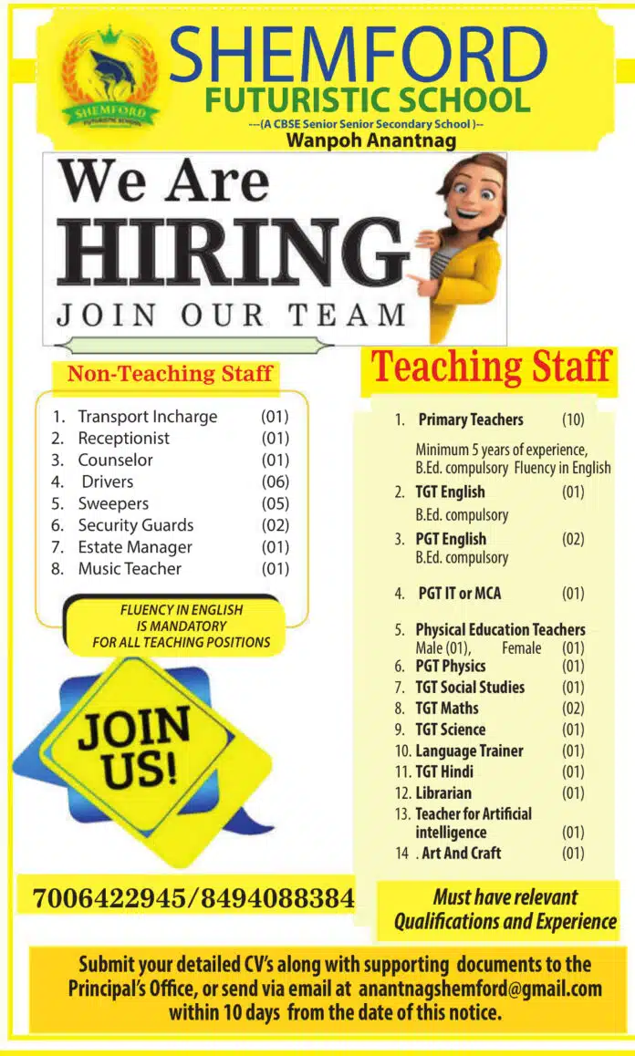 SHEMFORD FUTURISTIC SCHOOL ANANTNAG JOB ADVERTISEMENT 2025
