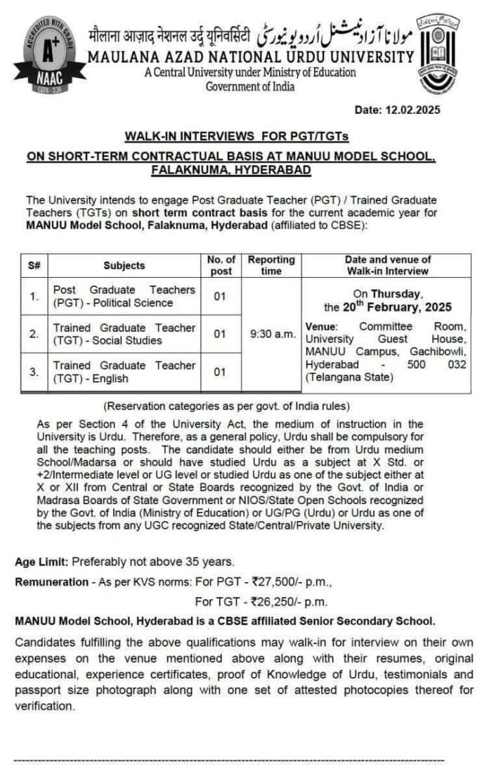 MANUU Recruitment 2025: Walk-in Interviews for PGT and TGT Positions