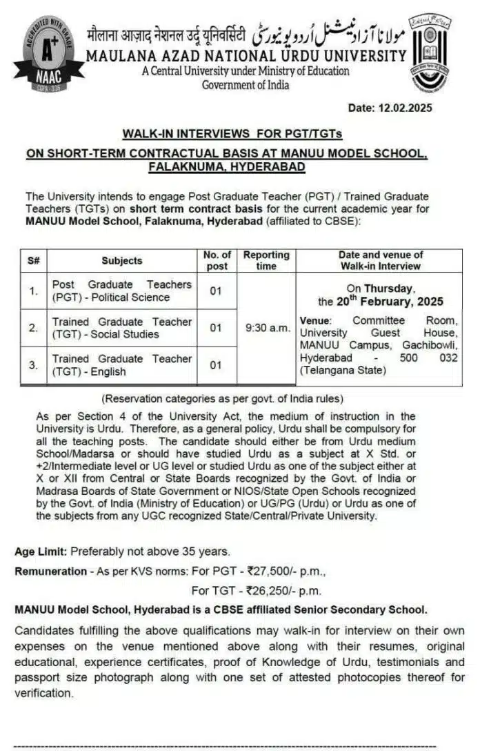 MANUU Recruitment 2025: Walk-in Interviews for PGT and TGT Positions