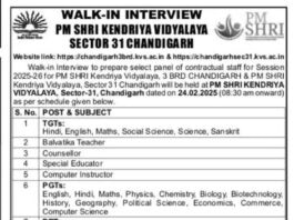 PM SHRI Kendriya Vidyalaya Chandigarh Recruitment 2025: Walk-in Interviews for Various Positions