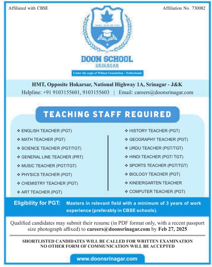 Doon School Srinagar Recruitment 2025: Apply for Various Teaching Positions