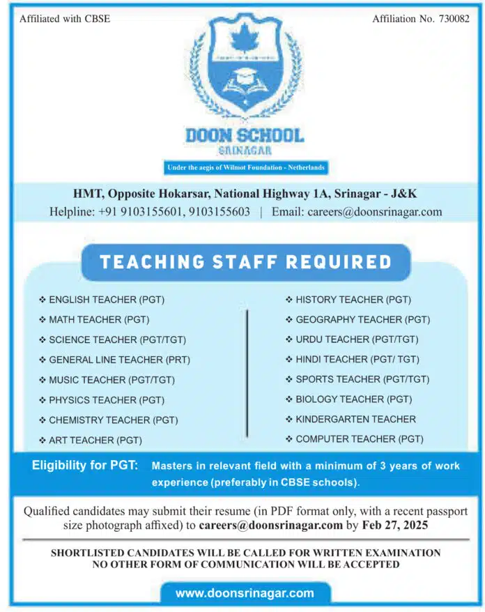 Doon School Srinagar Recruitment 2025: Apply for Various Teaching Positions