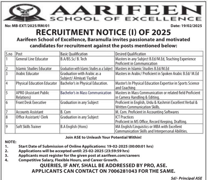 Aarifeen School of Excellence Recruitment 2025: Apply for Various Educator and Staff Positions