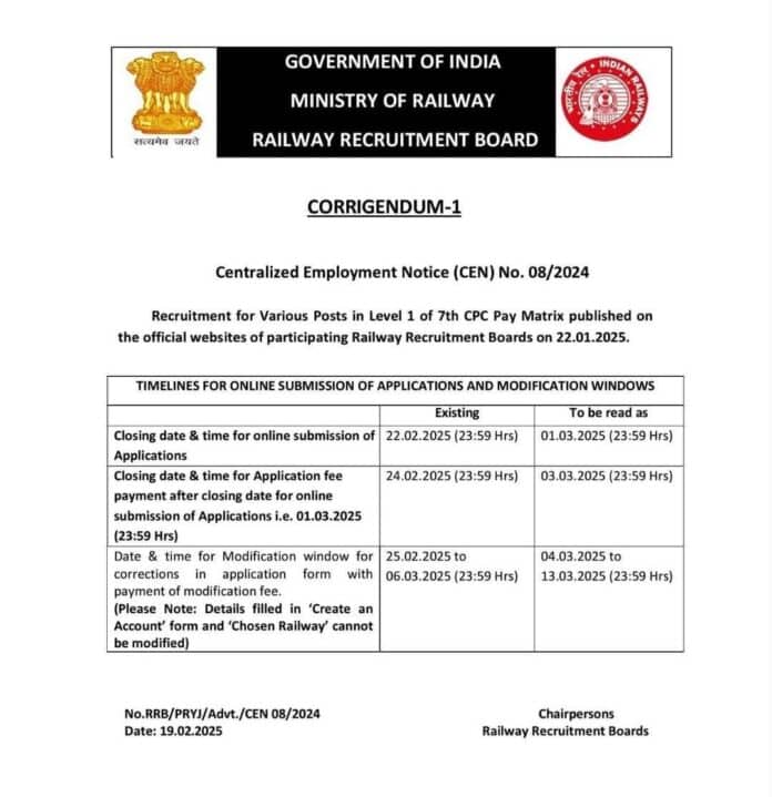 Government of India Ministry of Railways Recruitment 2025: Update on Timelines for Various Posts in Level 1 of 7th CPC Pay Matrix