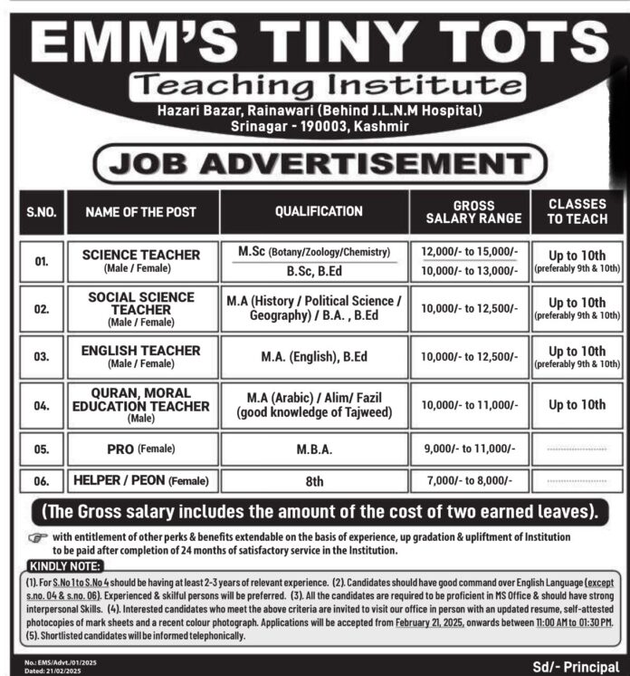 EMM'S TINY TOTS Teaching Institute Recruitment 2025: Apply for Various Teaching and Non-Teaching Positions