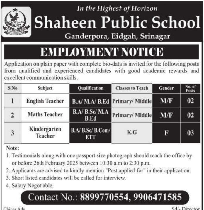 Shaheen Public School Ganderpora Recruitment 2025: Apply for Various Teaching Positions