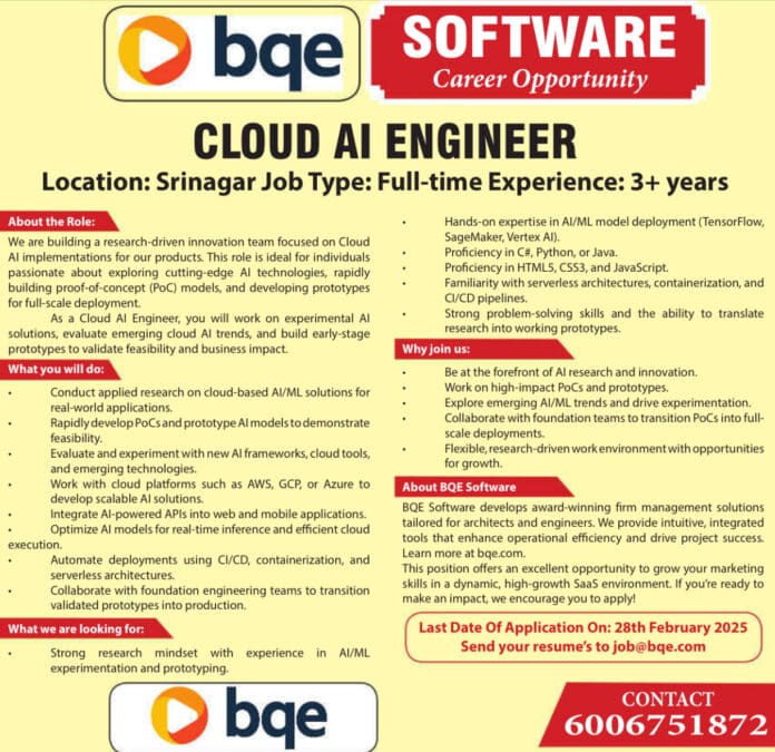 BQE Software Recruitment 2025: Apply for Cloud AI Engineer Position