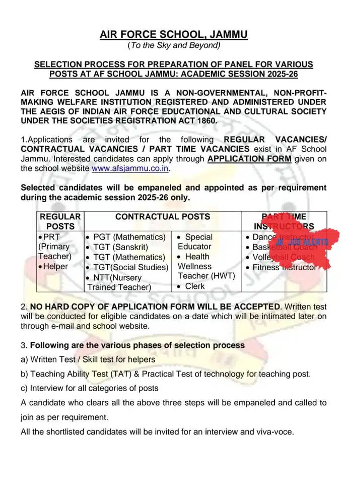 Air Force School Jammu Recruitment 2025: Apply for Various Teaching and Non-Teaching Positions