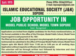 Model Public School Sopore Recruitment 2025: Apply for Various Teaching and Non-Teaching Positions