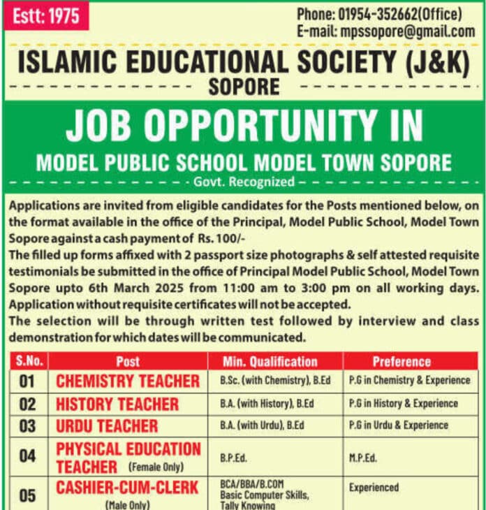 Model Public School Sopore Recruitment 2025: Apply for Various Teaching and Non-Teaching Positions