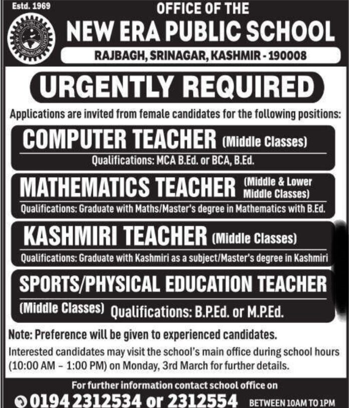 New Era Public School Srinagar Recruitment 2025: Apply for Various Teaching Positions