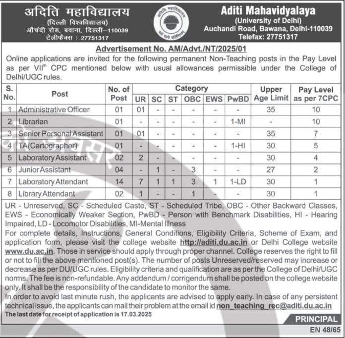 Aditi Mahavidyalaya Recruitment 2025: Apply for Permanent Non-Teaching Posts