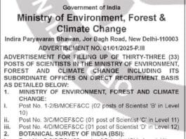 Ministry of Environment, Forest and Climate Change Recruitment 2025: Apply for Scientist Positions