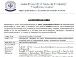 IUST Kashmir Recruitment 2025: Apply for Junior Research Fellow (JRF) Position