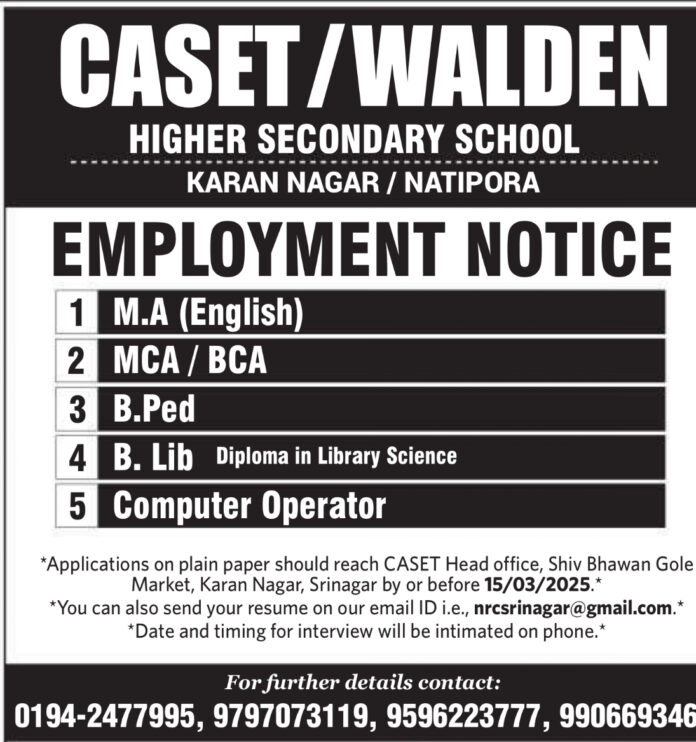 CASET/WALDEN Higher Secondary School Recruitment 2025: Apply for Various Teaching and Non-Teaching Positions