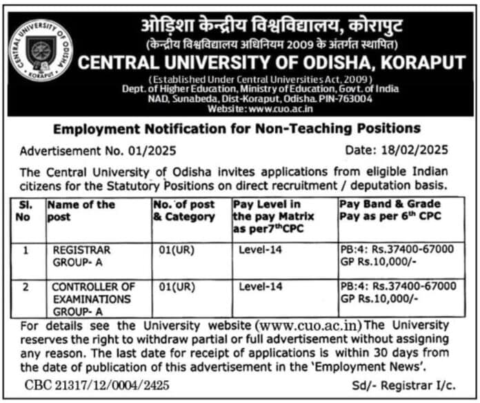 Central University of Odisha Recruitment 2025: Apply for Statutory Non-Teaching Positions