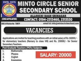 Minto Circle Senior Secondary School Recruitment 2025: Apply for Teaching Positions