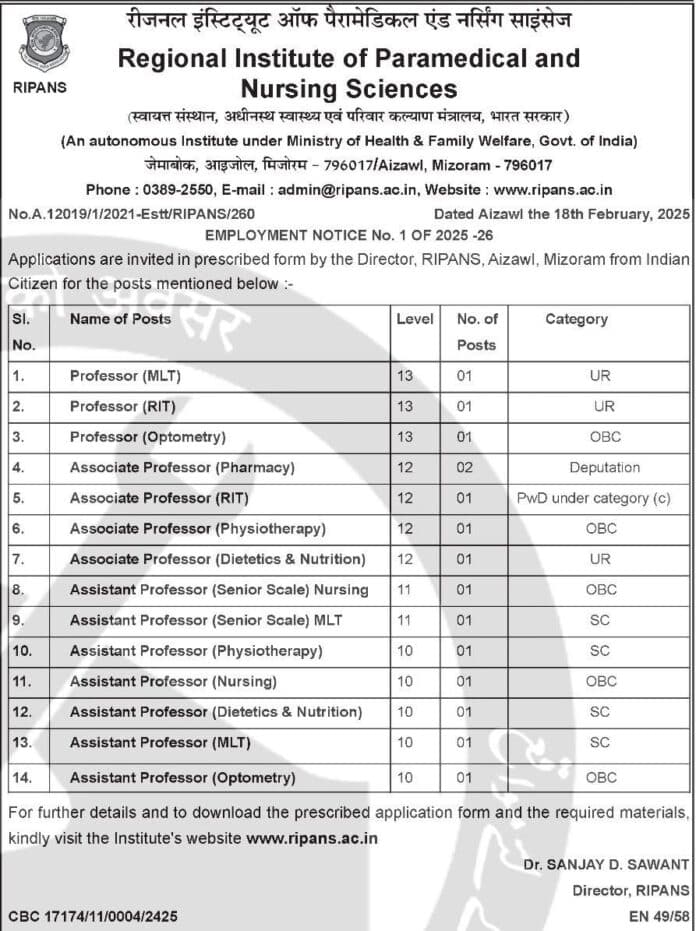 RIPANS Recruitment 2025: Apply for Teaching Positions