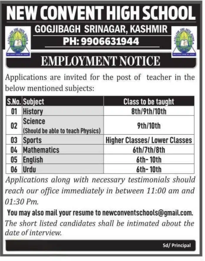 New Convent High School Recruitment 2025: Teaching Positions Available