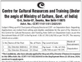 Centre for Cultural Resources and Training (CCRT) Recruitment 2025: Deputy Director Posts