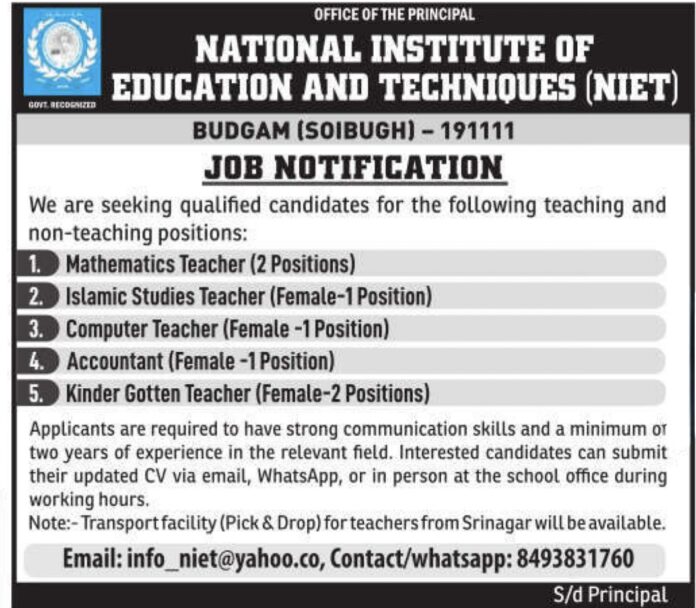 NIET Recruitment 2025: Teaching and Non-Teaching Positions Available