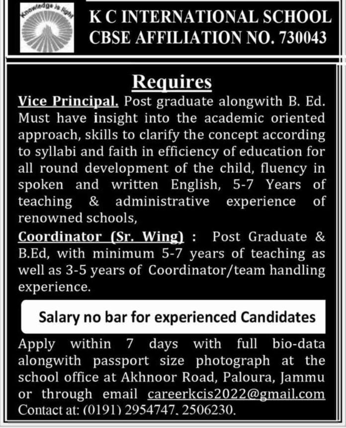 K.C. International School Recruitment 2025: Vice Principal and Senior Wing Coordinator