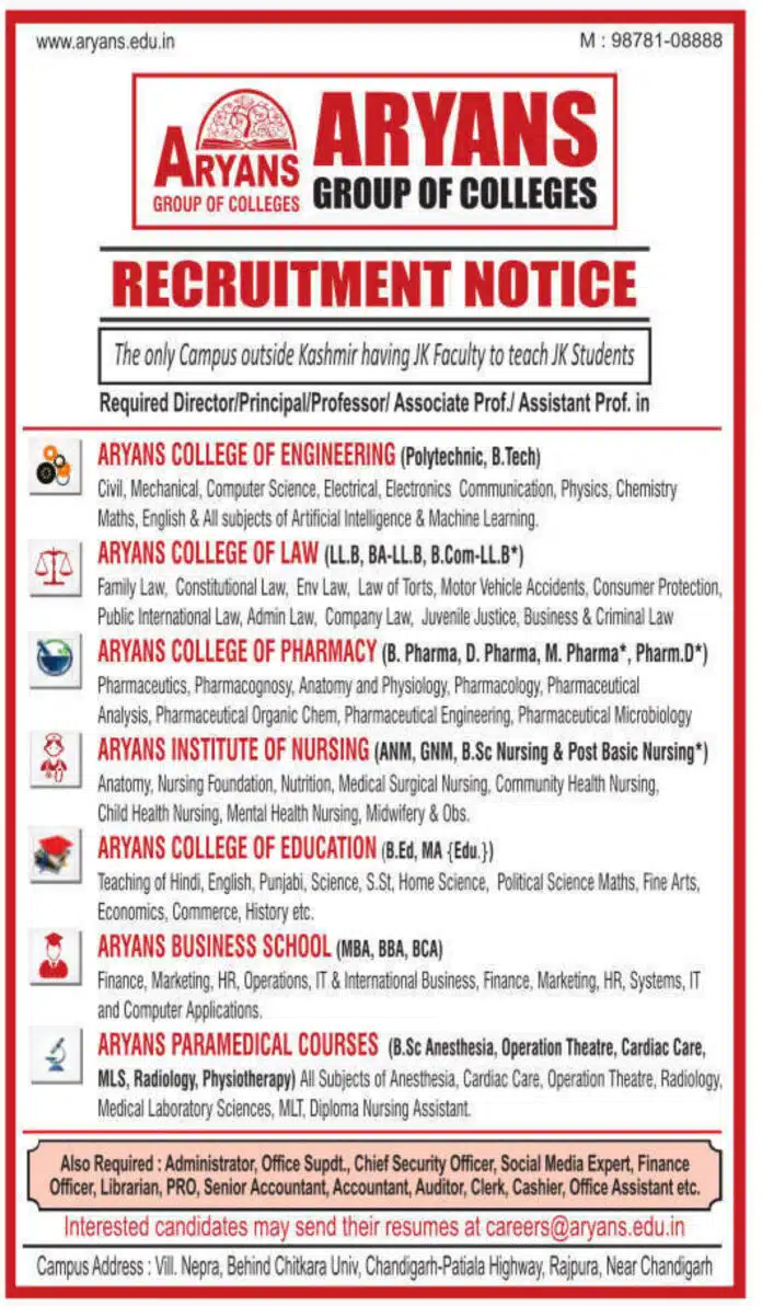 Aryans Group of Colleges Recruitment 2025: Multiple Teaching and Administrative Positions