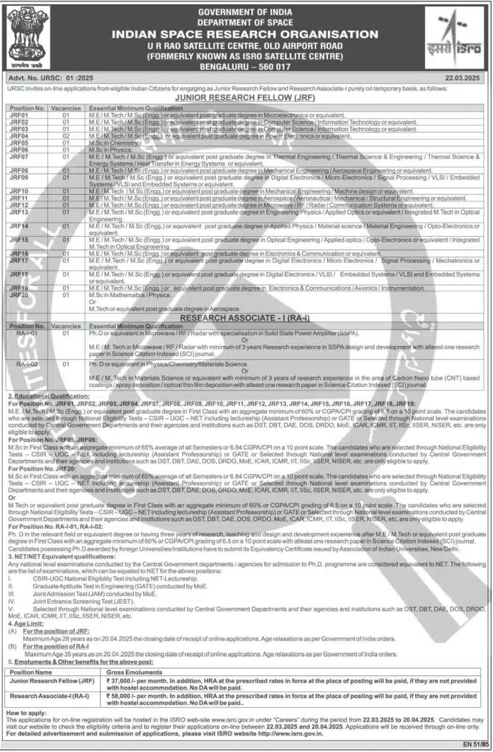 ISRO UR Rao Satellite Centre (URSC) Recruitment 2025: JRF and RA Positions