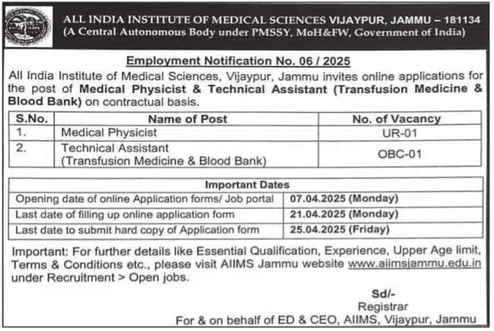 AIIMS Vijaypur, Jammu Recruitment 2025: Medical Physicist & Technical Assistant