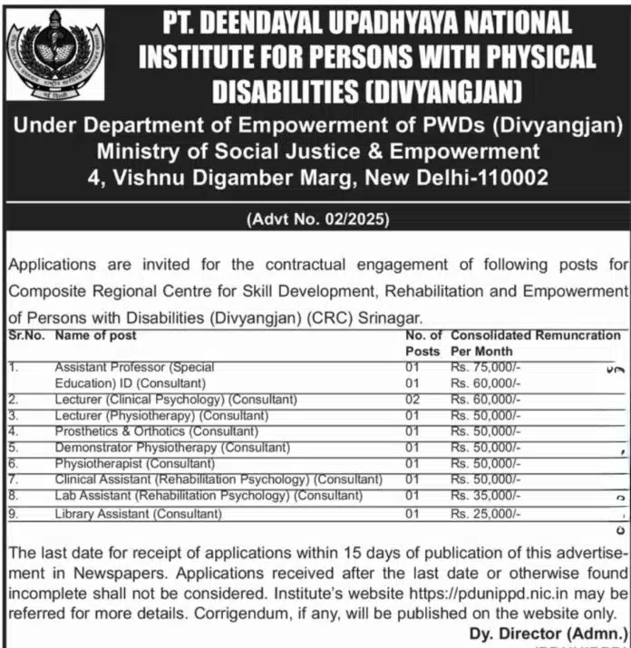 Pt. Deendayal Upadhyaya National Institute for Persons with Physical Disabilities (Divyangjan) Recruitment 2025