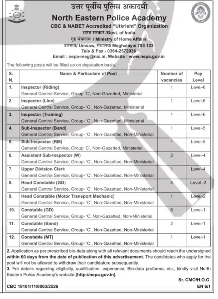North Eastern Police Academy (NEPA) Recruitment 2025