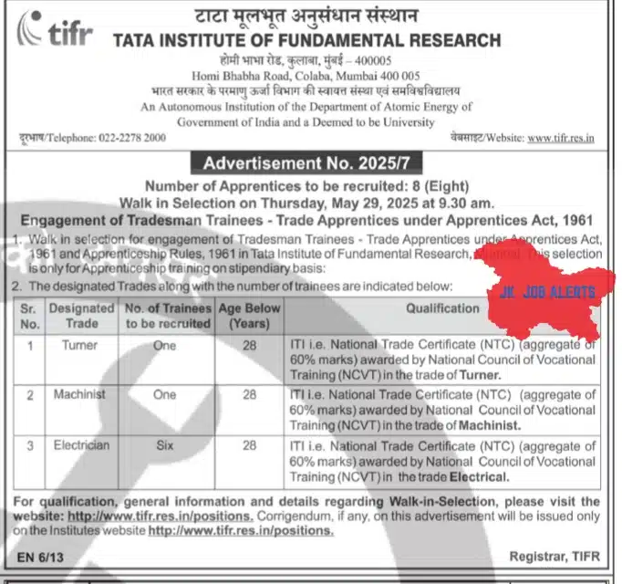 Tata Institute of Fundamental Research (TIFR) Recruitment 2025