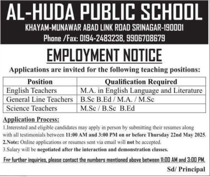 Al-Huda Public School Recruitment 2025