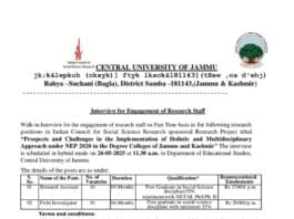 Central University of Jammu – Research Staff Recruitment 2025