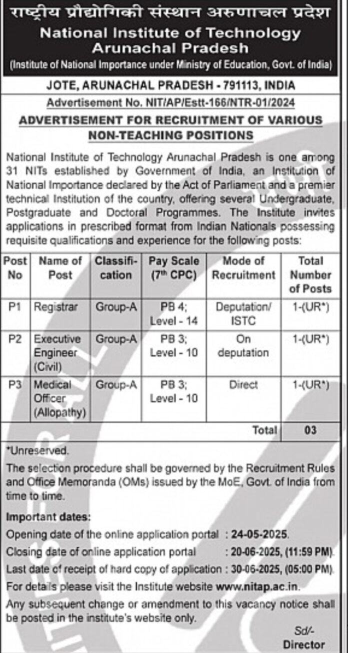 National Institute of Technology Arunachal Pradesh Recruitment 2024