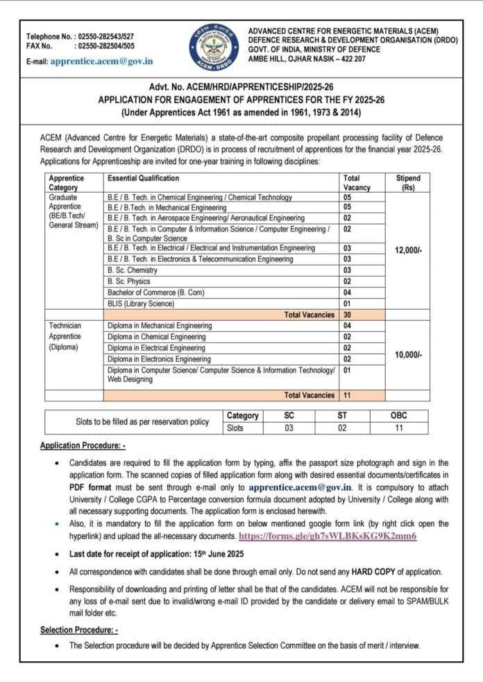 Advanced Centre for Energetic Materials (ACEM) – DRDO Apprenticeship Recruitment 2025