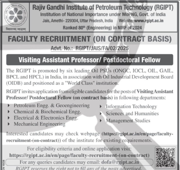 Rajiv Gandhi Institute of Petroleum Technology (RGIPT) – Faculty Recruitment 2025